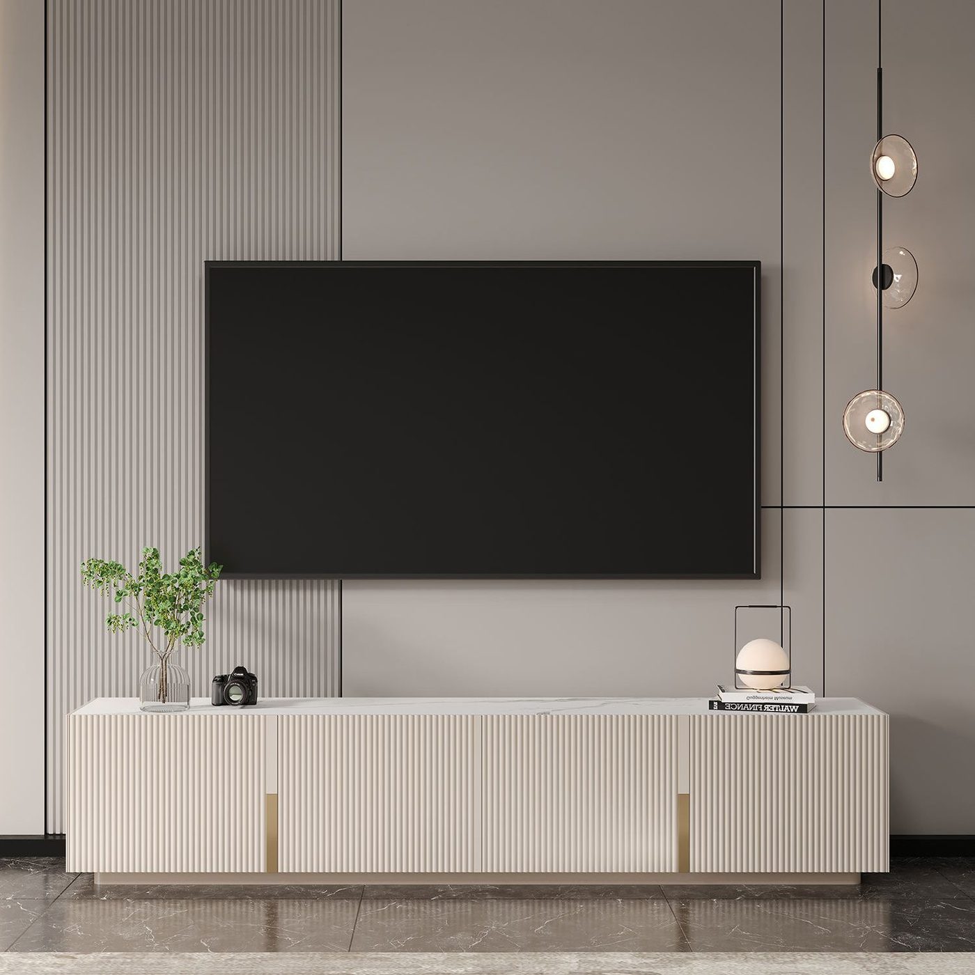 A Saabaan media wall and coffee tables styled in a Mogadishu living room